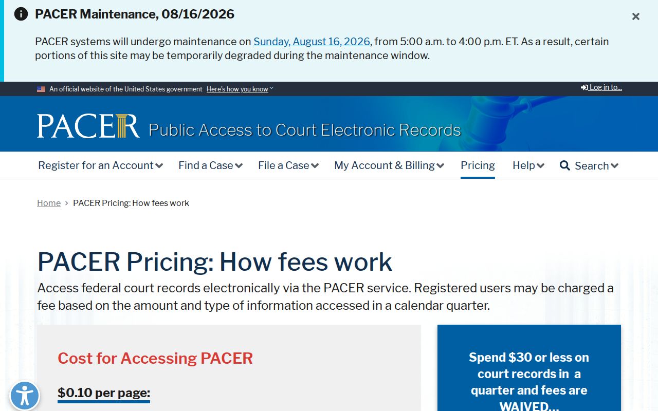 Bradley County traffic court records federal PACER fee comparison